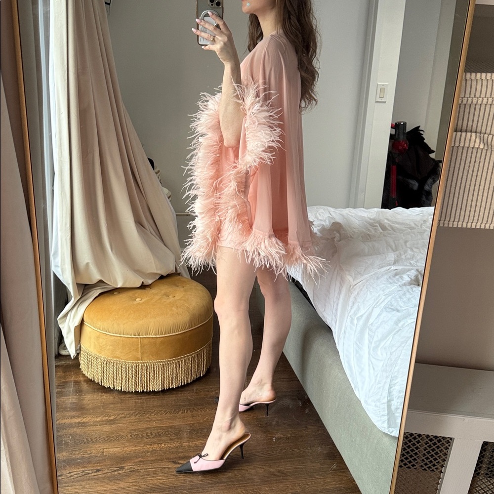Mac Duggal peach pink feather kaftan mini dress